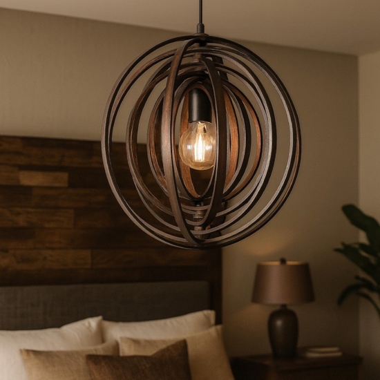 Lampadario cerchi di legno marrone design per camera da letto