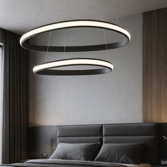 Lampadario camera moderna nero cerchi led 48w 3000k