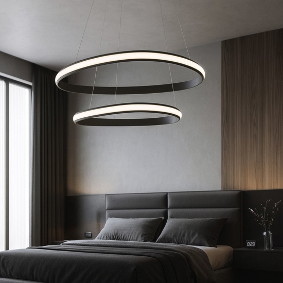 Lampadario camera da letto nero cerchi led 48w 3000k