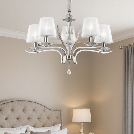 Pegaso sp5 ideal lux lampadario 5 luci cromo paralumi organza stanza da letto Pegaso sp5 ideal lux lampadario 5 luci cromo paralumi organza stanza da letto
