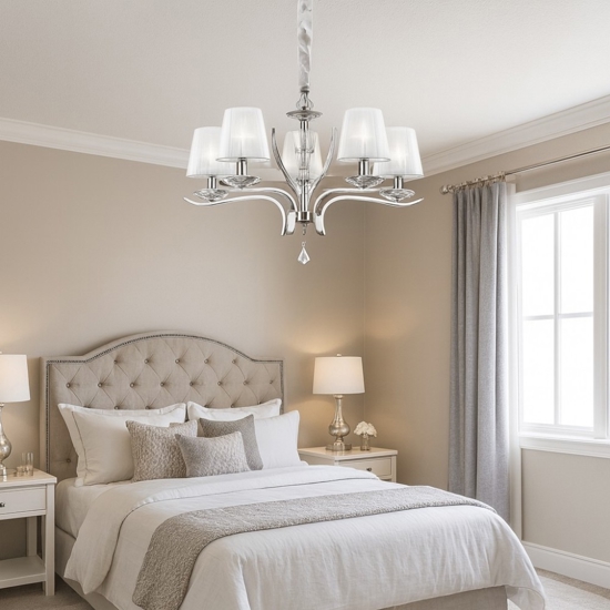 Pegaso sp5 ideal lux lampadario 5 luci cromo paralumi organza stanza da letto Pegaso sp5 ideal lux lampadario 5 luci cromo paralumi organza stanza da letto