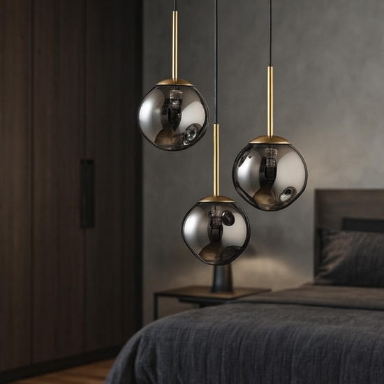 Lampadario per camera da letto oro sfere vetri fume