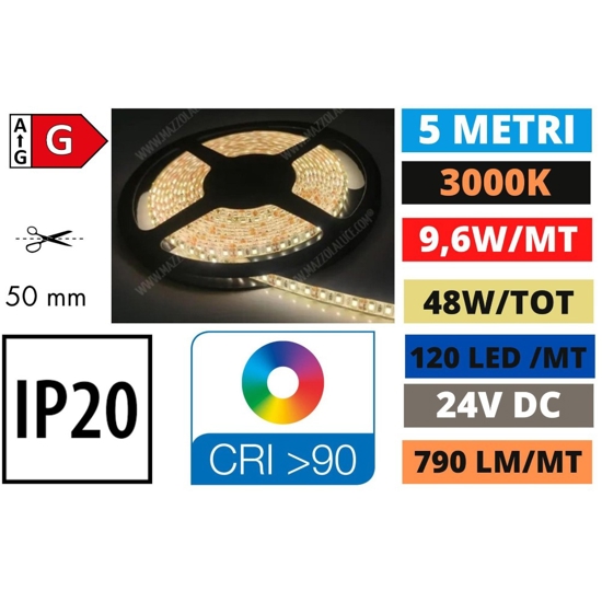 Striscia led bobina 5 metri 9.6w mt 3000k 24v ip20 fp