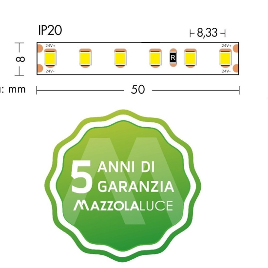 Striscia led bobina 5 metri 9.6w mt 3000k 24v ip20 fp