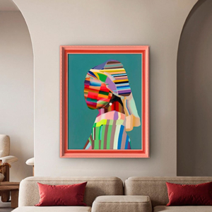 Quadro astratto moderno con cornice rossa donna con perla 84x104cm