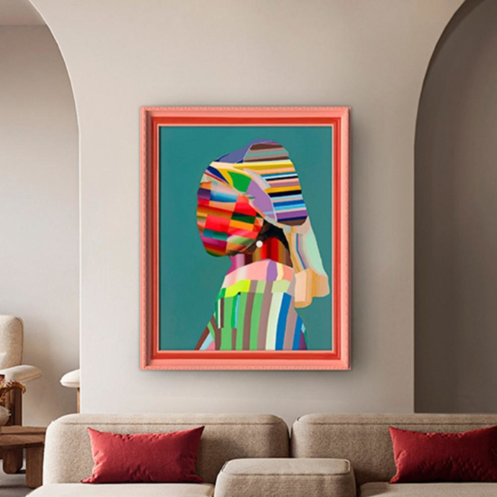 Quadro astratto moderno con cornice rossa donna con perla 84x104cm