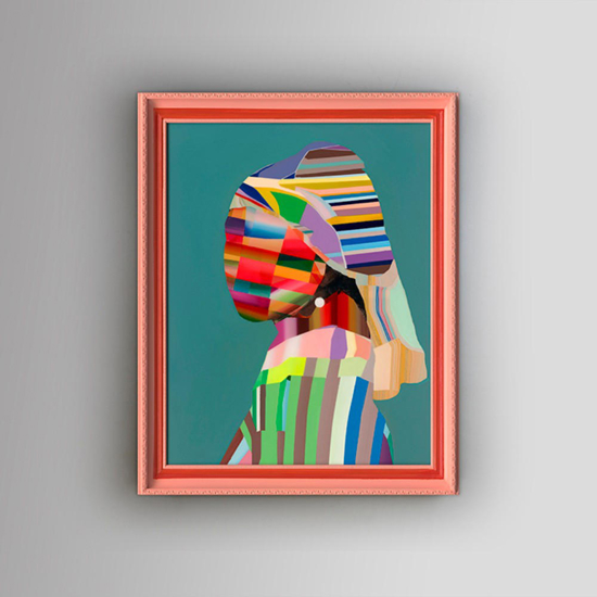 Quadro astratto moderno con cornice rossa donna con perla 84x104cm