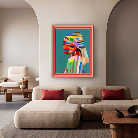Quadro astratto moderno con cornice rossa donna con perla 84x104cm