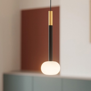 Miloox lampada a sospensione mose cilidro nero e oro sfera vetro bianco