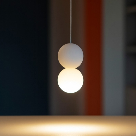 Lampada a sospensione doppia sfera gesso vetro bianca Lampada a sospensione doppia sfera gesso vetro bianca