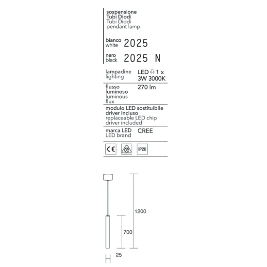 Lampada a sospensione per isola tubo nera led 3w 3000k