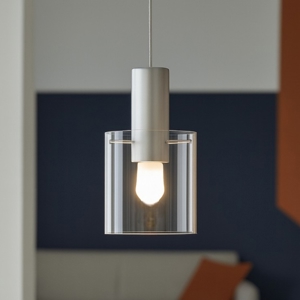 Lampada a sospensione hugo perenz illuminazione cilindro vetro trasparente