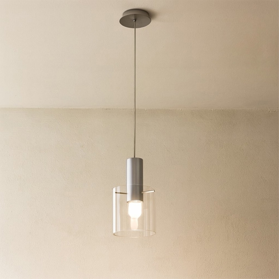 Lampada a sospensione hugo perenz illuminazione cilindro vetro trasparente