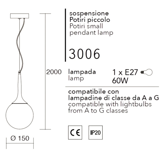 Affralux potiri lampada a sospensione sfera vetro bianca moderna