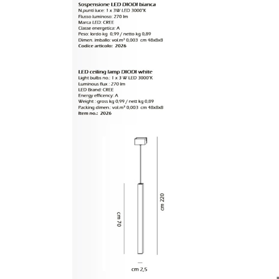 Lampada a sospensione da comodino squadrata bianca led 3w 3000k