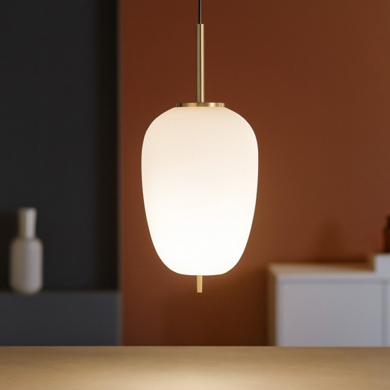Lampada a sospensione oro ottone vetro bianco