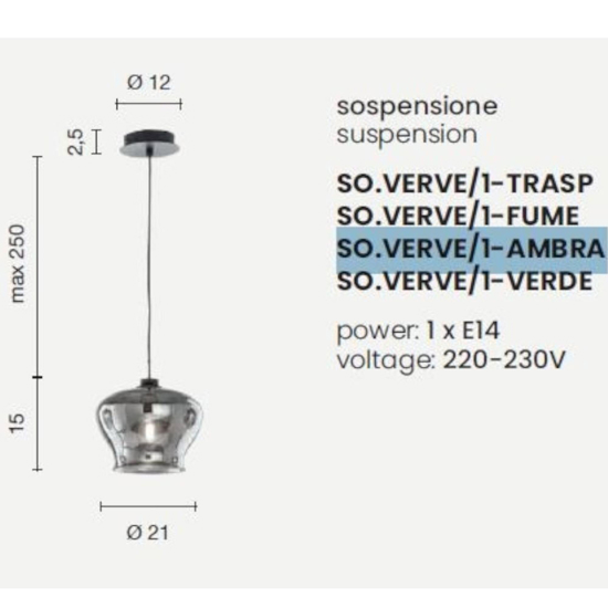 Ondaluce so verve 1 ambra lampada a sospensione vetro con base/nero