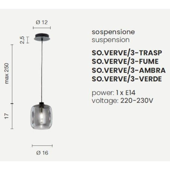 So verve 3 ondaluce sospensione singola vetro trasparente base nero