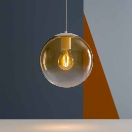 Lampada a sospensione vetro sfera boccia ambra per comodino Lampada a sospensione vetro sfera boccia ambra per comodino