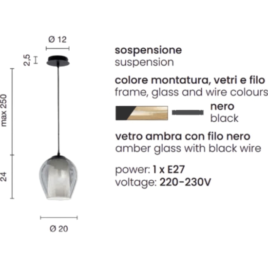 Lampada a sospensione so bonnie1 vetro fume base nero ondaluce