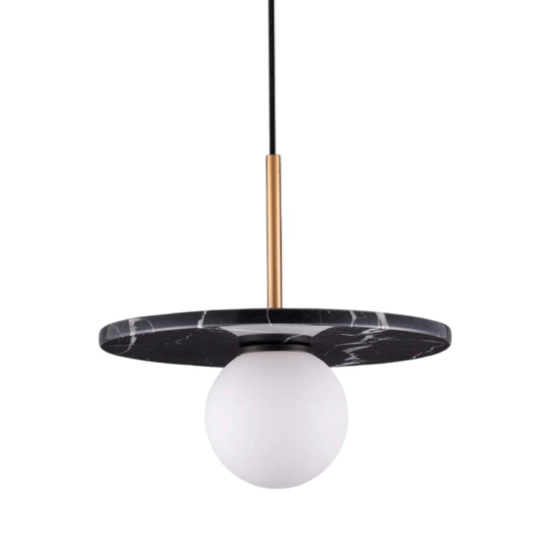 Lampada a sospensione dor disco marmo nero con sfera di vetro Lampada a sospensione dor disco marmo nero con sfera di vetro
