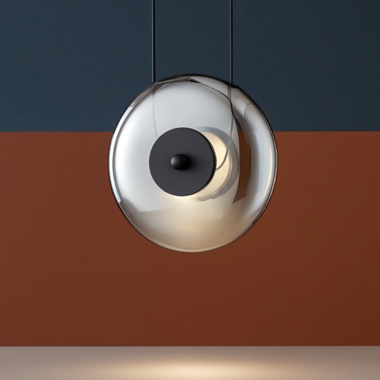 Lampada led a sospensione nera disco di vetro fume