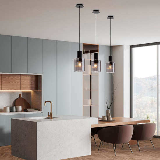 Lampada a sospensione nera vetro cilindro fume Lampada a sospensione nera vetro cilindro fume