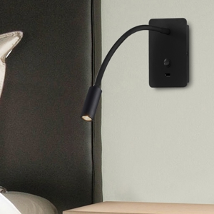 Applique camera da letto multifunzione led 3w 3000k usb nero luce orientabile