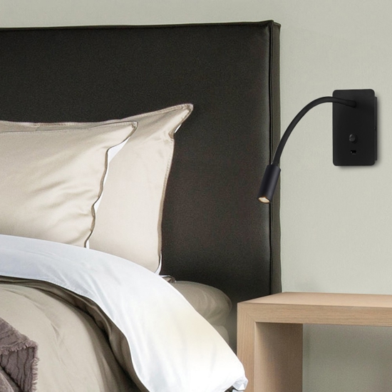 Applique camera da letto multifunzione led 3w 3000k usb nero luce orientabile Applique camera da letto multifunzione led 3w 3000k usb nero luce orientabile