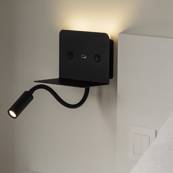 Applique da comodino per camera da letto moderna nero presa usb mensola due luci