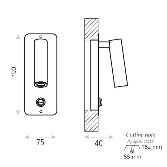 Applique da incasso per comodino camera da letto 3w 3000k nero