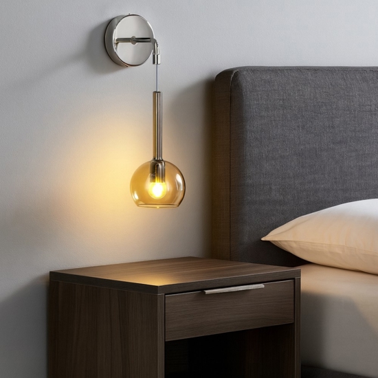 Applique cromo per comodini da letto sfera vetro ambra
