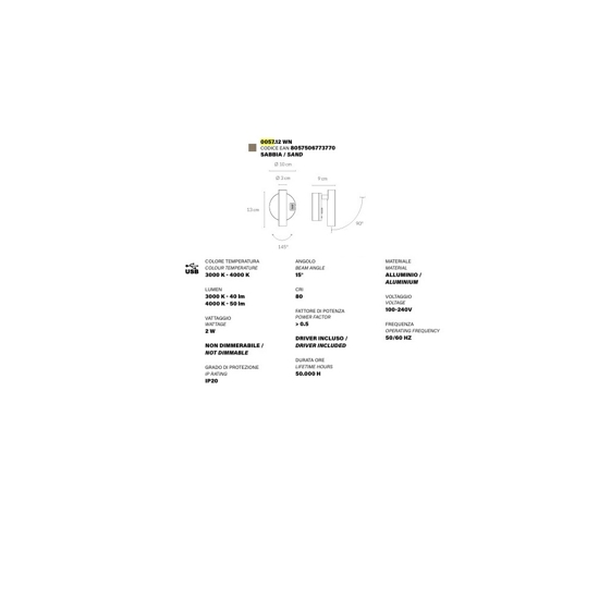 Applique orientabile da comodino led 3000 4000k sabbia vivida betu Applique orientabile da comodino led 3000 4000k sabbia vivida betu