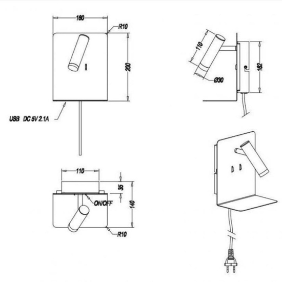 Applique da comodino nero con mensola interruttore cavo spina Applique da comodino nero con mensola interruttore cavo spina