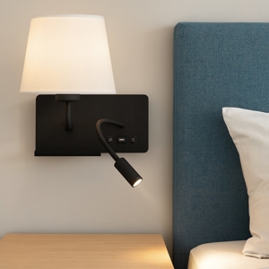 Applique comodino nero multifunzione con paralume bianco porta usb
