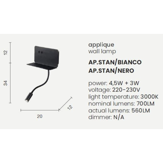 Ondaluce ap stan applique comodino camera da letto presa usb orientabile nera Ondaluce ap stan applique comodino camera da letto presa usb orientabile nera