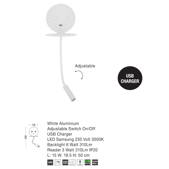Applique da comodino nero luce orientabile presa usb