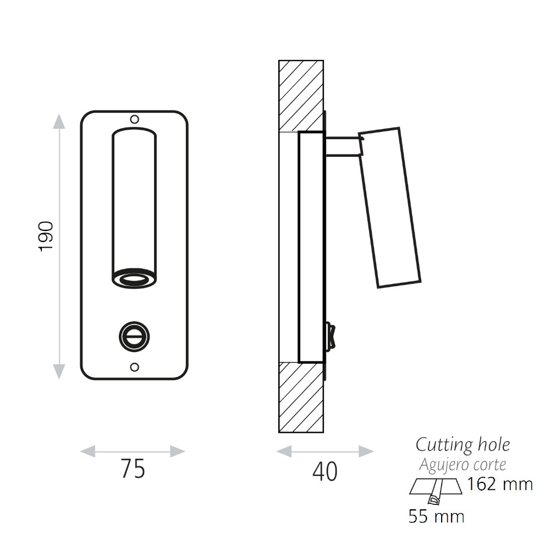 Applique da incasso per comodino camera da letto 3w 3000k grigio