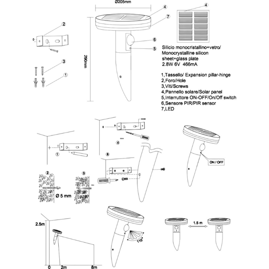 Applique esterno con pannello solare led 3,3w 6000k