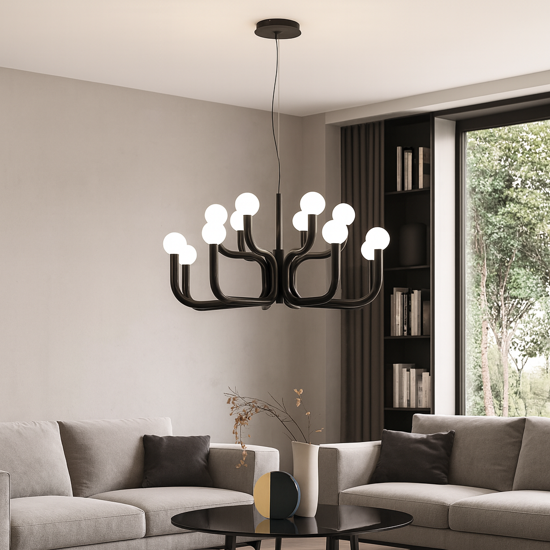 Ondaluce derby grande lampadario contemporaneo nero sfere vetro bianco