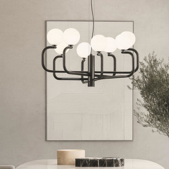 Lampadario moderno jeppy ondaluce nero bocce vetro bianco
