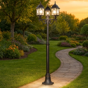 Visualizza i dettagli per Lampione alto da giardino classico antico 3 luci lanterne ruggine Lampione alto da giardino classico antico 3 luci lanterne ruggine