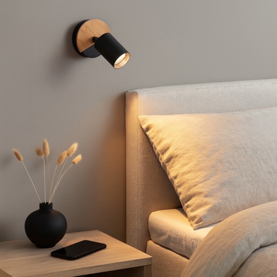 Applique con faretto nero legno orientabile per comodino