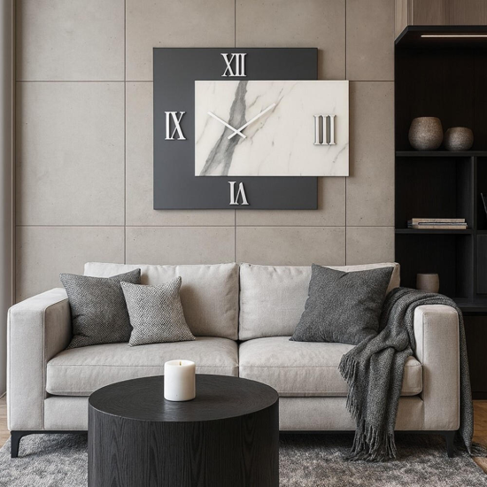 Orologio quadrato da parete moderno specchio fume' e laminato effetto marmo Orologio quadrato da parete moderno specchio fume' e laminato effetto marmo