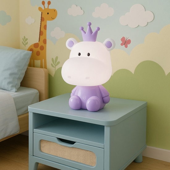 Lampada hippo porpora da comodino per cameretta bambina