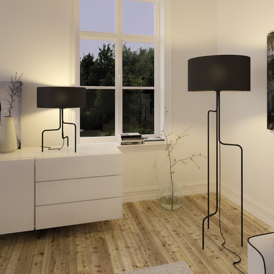Lampada da tavolo design moderna metallo paralume tessuto nero