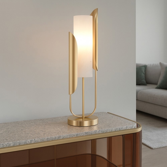 Maytoni lampada da tavolo cipresso oro ottone vetro bianco per salone