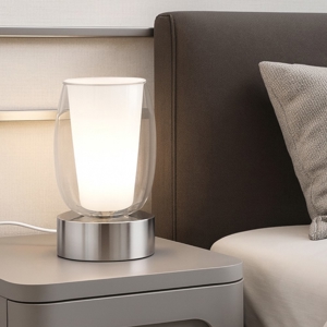Lampada da tavolo cromo design moderno paralume vetro trasparente
