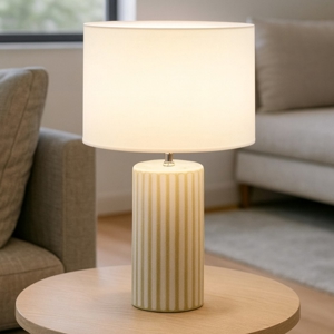 Lampada da tavolo tribale perenz ceramica bianco e beige paralume tessuto