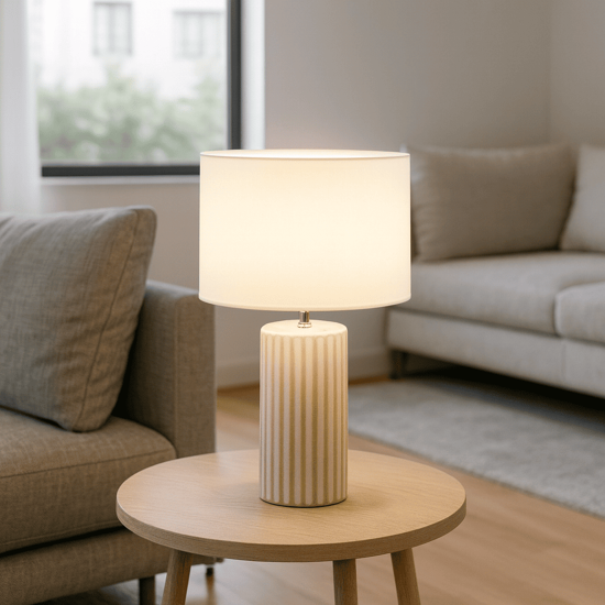 Lampada da tavolo tribale perenz ceramica bianco e beige paralume tessuto